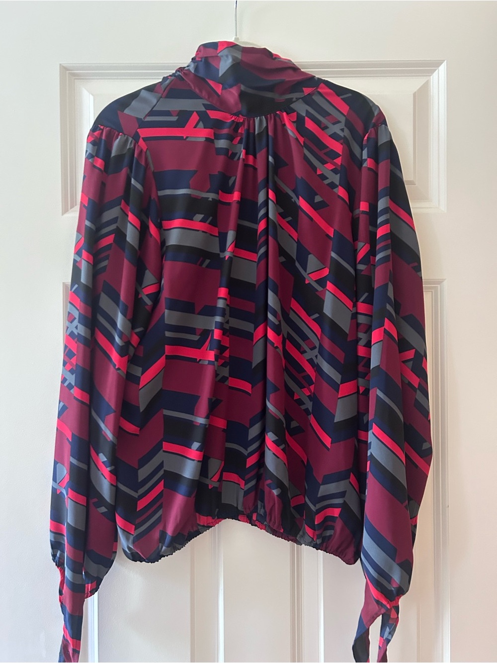 Allison Joy Geometric Print Blouse in Burgundy, Navy & Gray